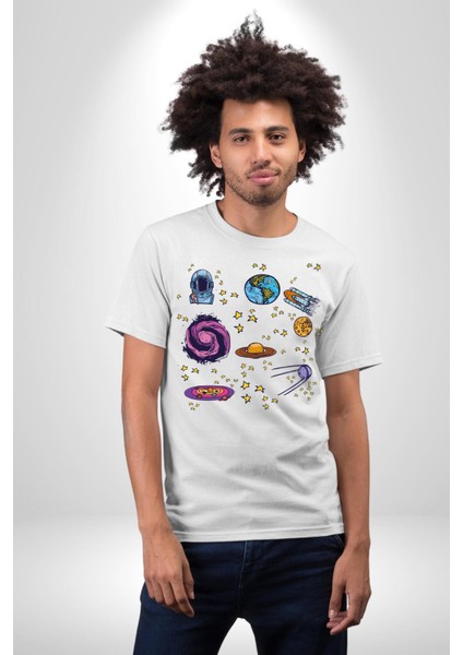 Uzay Evrensel Yıldızlar Gezegenler Kadın Erkek Ön Baskılı Beyaz Pamuklu Tişört Penye Klasik fırsatları