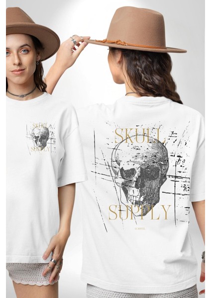 Kafatası Temini Zengin Tasarım Kadın Erkek Ön Minimal Sırt Baskılı Beyaz Pamuklu Tişört fırsatları