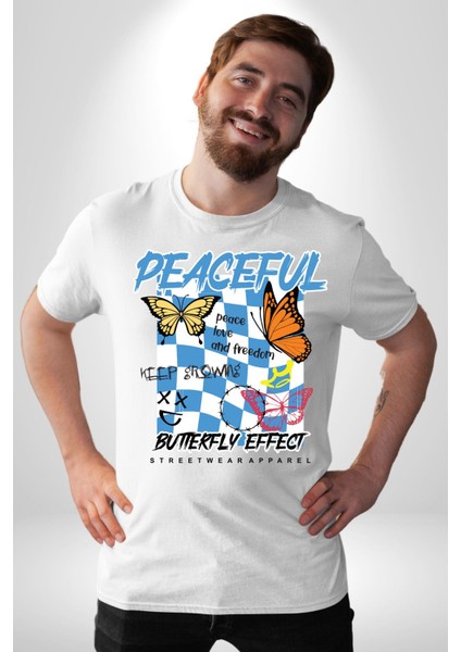 Barışçıl Kelebekler Sokak Tarzı Kadın Erkek Ön Baskılı Beyaz Pamuklu Tişört Penye Klasik fiyatları