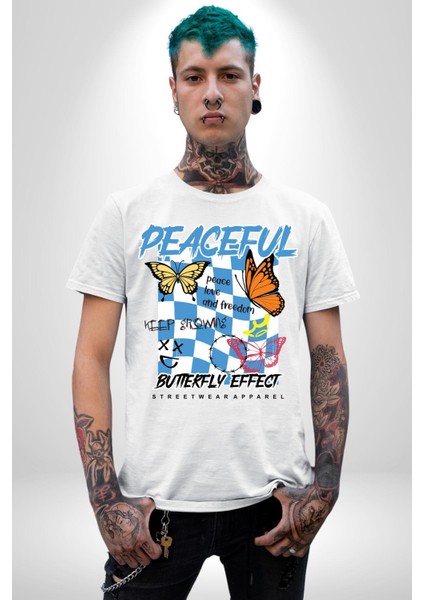 Barışçıl Kelebekler Sokak Tarzı Kadın Erkek Ön Baskılı Beyaz Pamuklu Tişört Penye Klasik fırsatları