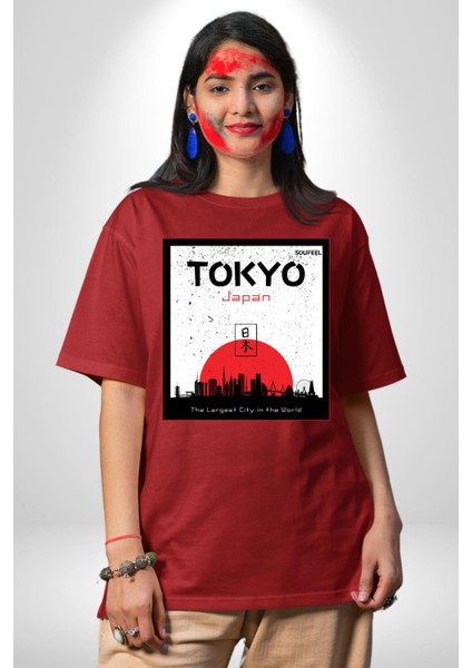 Tokyo Japonya Dünyanın En Geniş Şehri Kadın Erkek Ön Baskılı Kırmızı Pamuklu Tişört Penye Klasik