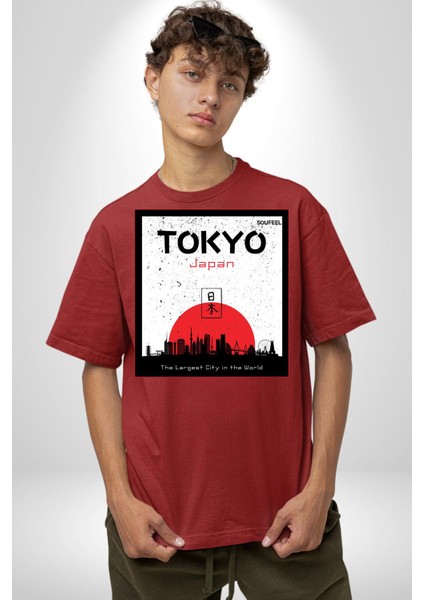 Tokyo Japonya Dünyanın En Geniş Şehri Kadın Erkek Ön Baskılı Kırmızı Pamuklu Tişört Penye Klasik modelleri