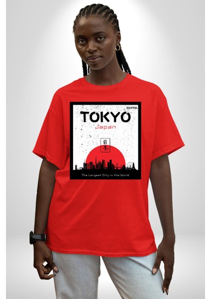 Tokyo Japonya Dünyanın En Geniş Şehri Kadın Erkek Ön Baskılı Kırmızı Pamuklu Tişört Penye Klasik fırsatları