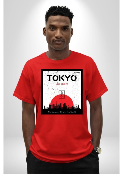 Tokyo Japonya Dünyanın En Geniş Şehri Kadın Erkek Ön Baskılı Kırmızı Pamuklu Tişört Penye Klasik indirimleri