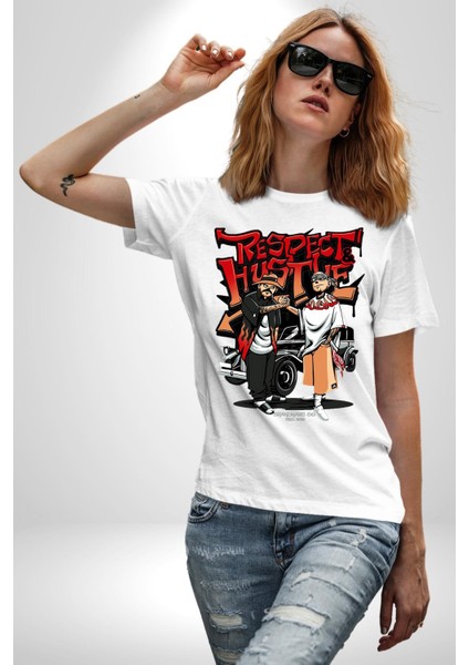 Saygı ve Birliktelik Sokak Kadın Erkek Ön Baskılı Beyaz Pamuklu Tişört Penye Klasik