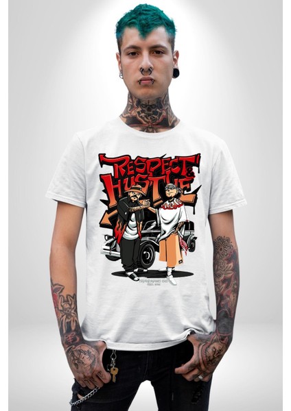 Saygı ve Birliktelik Sokak Kadın Erkek Ön Baskılı Beyaz Pamuklu Tişört Penye Klasik indirimleri