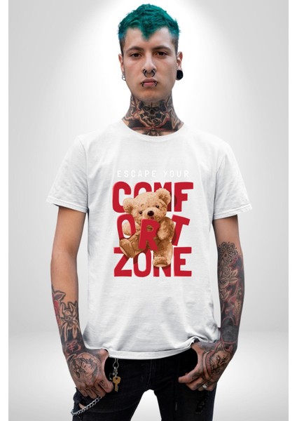 Konfor Bölgenizden Kaçın Oyuncak Ayı Kadın Erkek Ön Baskılı Beyaz Pamuklu Tişört Penye Klasik fiyatları