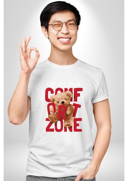 Konfor Bölgenizden Kaçın Oyuncak Ayı Kadın Erkek Ön Baskılı Beyaz Pamuklu Tişört Penye Klasik fırsatları