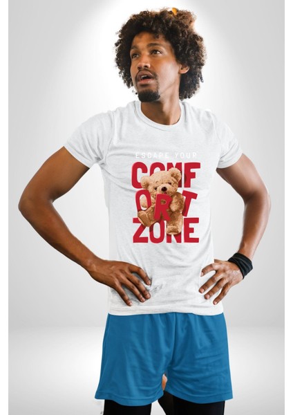 Konfor Bölgenizden Kaçın Oyuncak Ayı Kadın Erkek Ön Baskılı Beyaz Pamuklu Tişört Penye Klasik indirimleri