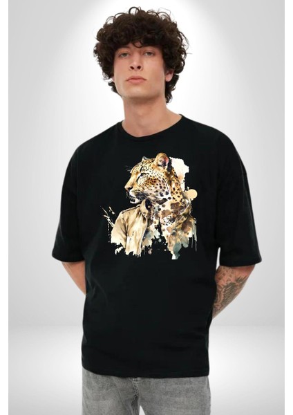 Deri Ceketli Cool Leopar Kadın Erkek Ön Baskılı Siyah Pamuklu Tişört Penye Klasik