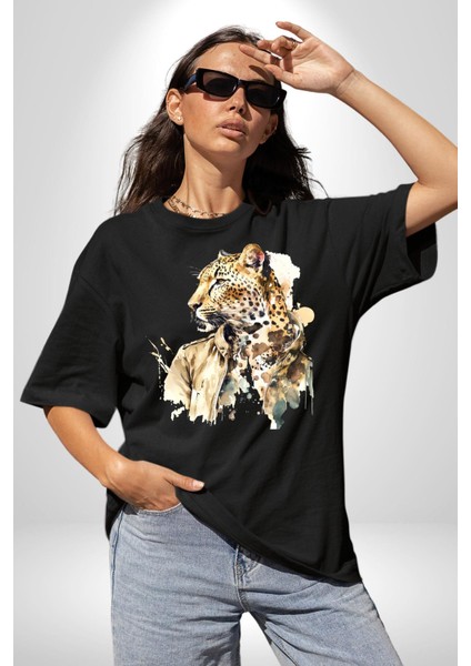 Deri Ceketli Cool Leopar Kadın Erkek Ön Baskılı Siyah Pamuklu Tişört Penye Klasik fiyatları