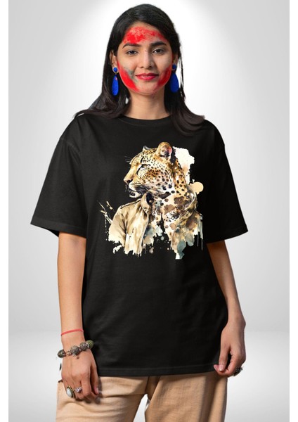 Deri Ceketli Cool Leopar Kadın Erkek Ön Baskılı Siyah Pamuklu Tişört Penye Klasik modelleri