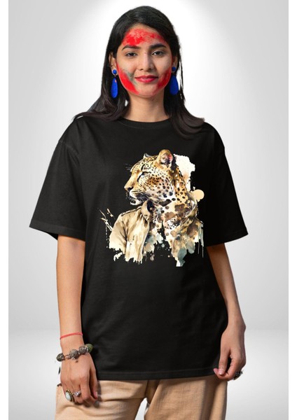 Deri Ceketli Cool Leopar Kadın Erkek Ön Baskılı Siyah Pamuklu Tişört Penye Klasik fırsatları