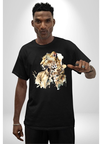 Deri Ceketli Cool Leopar Kadın Erkek Ön Baskılı Siyah Pamuklu Tişört Penye Klasik indirimleri