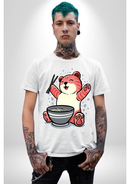 Noodle Yiyen Tatlı Kaplan Kadın Erkek Ön Baskılı Beyaz Pamuklu Tişört Penye Klasik modelleri