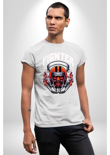 Dövüşçü Kurukafa Pilot Kasklı Kadın Erkek Ön Baskılı Beyaz Pamuklu Tişört Penye Klasik