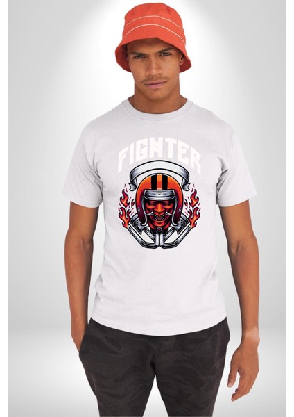 Dövüşçü Kurukafa Pilot Kasklı Kadın Erkek Ön Baskılı Beyaz Pamuklu Tişört Penye Klasik modelleri