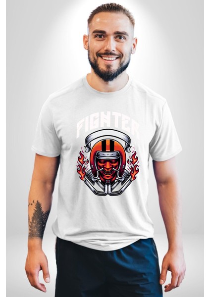 Dövüşçü Kurukafa Pilot Kasklı Kadın Erkek Ön Baskılı Beyaz Pamuklu Tişört Penye Klasik fırsatları