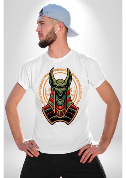 Mısır Anubis Köpek Kral Eski Motif Kadın Erkek Ön Baskılı Beyaz Pamuklu Tişört Penye Klasik