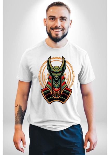 Mısır Anubis Köpek Kral Eski Motif Kadın Erkek Ön Baskılı Beyaz Pamuklu Tişört Penye Klasik modelleri