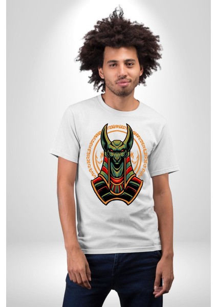 Mısır Anubis Köpek Kral Eski Motif Kadın Erkek Ön Baskılı Beyaz Pamuklu Tişört Penye Klasik fırsatları