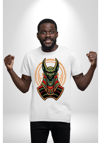 Mısır Anubis Köpek Kral Eski Motif Kadın Erkek Ön Baskılı Beyaz Pamuklu Tişört Penye Klasik indirimleri