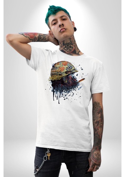 Barış Savaşçısı Havalı Goril Kadın Erkek Ön Baskılı Beyaz Pamuklu Tişört Penye Klasik