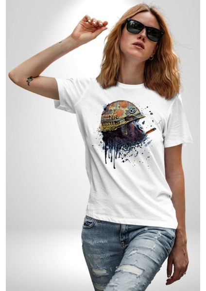 Barış Savaşçısı Havalı Goril Kadın Erkek Ön Baskılı Beyaz Pamuklu Tişört Penye Klasik fiyatları