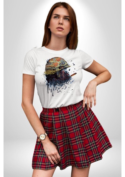 Barış Savaşçısı Havalı Goril Kadın Erkek Ön Baskılı Beyaz Pamuklu Tişört Penye Klasik fırsatları