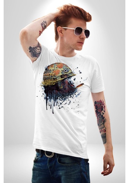 Barış Savaşçısı Havalı Goril Kadın Erkek Ön Baskılı Beyaz Pamuklu Tişört Penye Klasik indirimleri