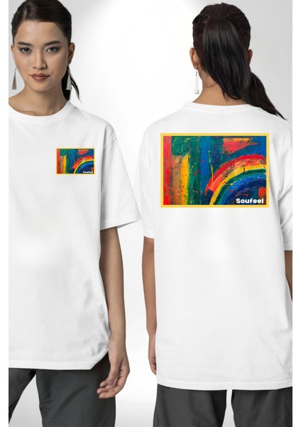 Modern Sanat Tablosu Kadın Erkek Ön Minimal Sırt Baskılı Beyaz Pamuklu Tişört