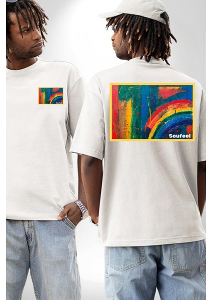 Modern Sanat Tablosu Kadın Erkek Ön Minimal Sırt Baskılı Beyaz Pamuklu Tişört fırsatları