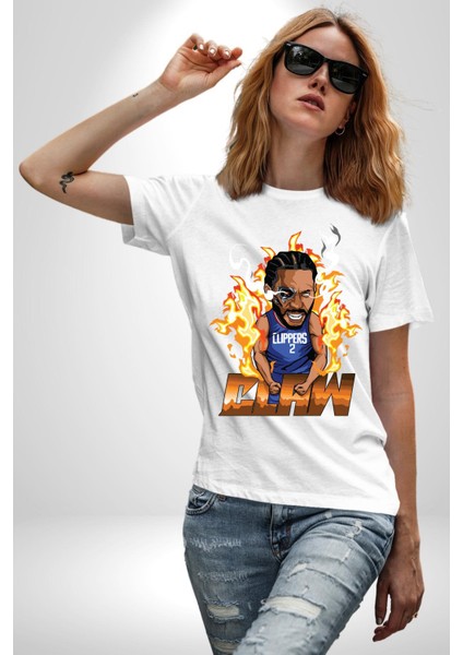 Kawhi Leonard Basketbol Yıldızı Kadın Erkek Ön Baskılı Beyaz Pamuklu Tişört Penye Klasik modelleri