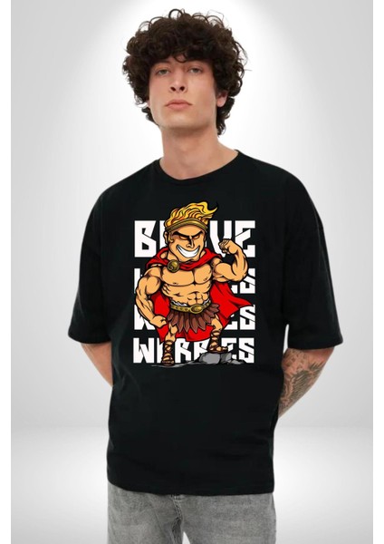 This Is Sparta Spartalı Asker Kaslı Kadın Erkek Ön Baskılı Siyah Pamuklu Tişört Penye Klasik