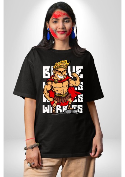 This Is Sparta Spartalı Asker Kaslı Kadın Erkek Ön Baskılı Siyah Pamuklu Tişört Penye Klasik modelleri