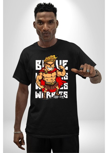 This Is Sparta Spartalı Asker Kaslı Kadın Erkek Ön Baskılı Siyah Pamuklu Tişört Penye Klasik indirimleri