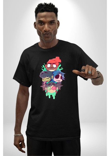 Gorillaz Anime Karakter Kadın Erkek Ön Baskılı Siyah Pamuklu Tişört Penye Klasik fiyatları