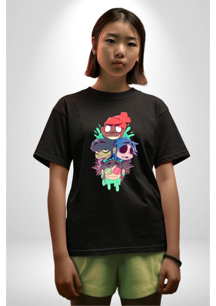 Gorillaz Anime Karakter Kadın Erkek Ön Baskılı Siyah Pamuklu Tişört Penye Klasik modelleri
