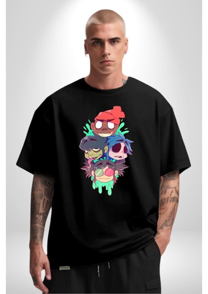 Gorillaz Anime Karakter Kadın Erkek Ön Baskılı Siyah Pamuklu Tişört Penye Klasik fırsatları