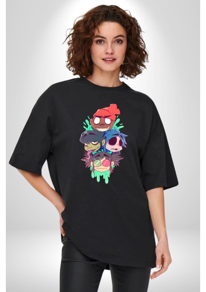 Gorillaz Anime Karakter Kadın Erkek Ön Baskılı Siyah Pamuklu Tişört Penye Klasik indirimleri