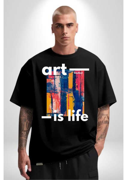 Sanat Hayattır Modern Art Kadın Erkek Ön Baskılı Siyah Pamuklu Tişört Penye Klasik modelleri
