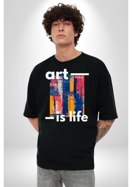 Sanat Hayattır Modern Art Kadın Erkek Ön Baskılı Siyah Pamuklu Tişört Penye Klasik indirimleri