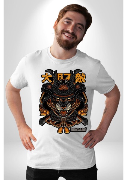 Kaplan Samuray Savaşçı Kadın Erkek Ön Baskılı Beyaz Pamuklu Tişört Penye Klasik