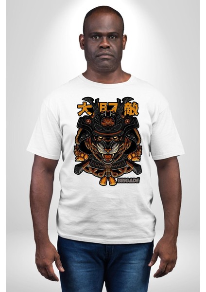 Kaplan Samuray Savaşçı Kadın Erkek Ön Baskılı Beyaz Pamuklu Tişört Penye Klasik fiyatları