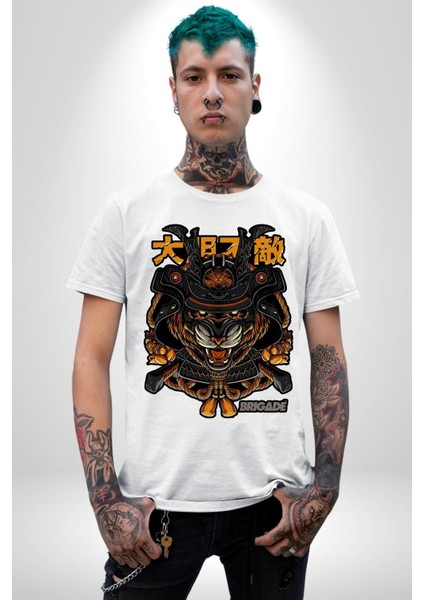 Kaplan Samuray Savaşçı Kadın Erkek Ön Baskılı Beyaz Pamuklu Tişört Penye Klasik modelleri