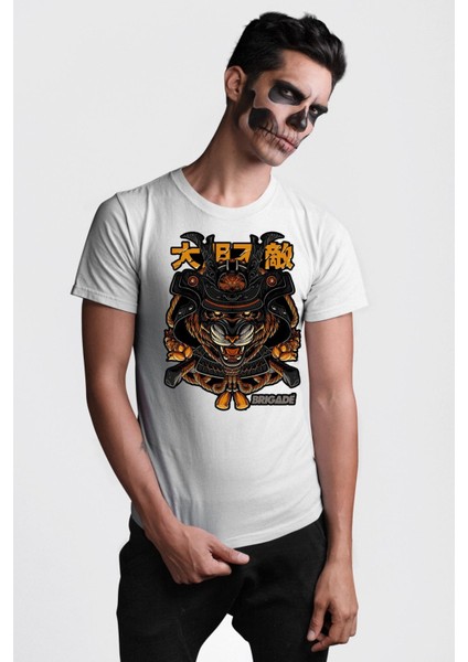 Kaplan Samuray Savaşçı Kadın Erkek Ön Baskılı Beyaz Pamuklu Tişört Penye Klasik fırsatları