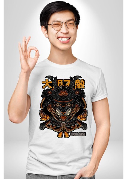 Kaplan Samuray Savaşçı Kadın Erkek Ön Baskılı Beyaz Pamuklu Tişört Penye Klasik indirimleri