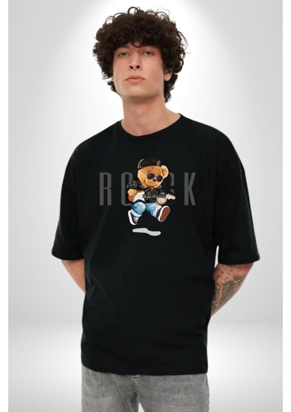 Rock Oyuncak Tatlı Ayı Kadın Erkek Ön Baskılı Siyah Pamuklu Tişört Penye Klasik