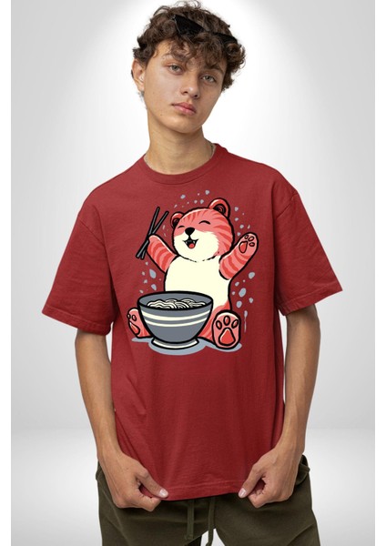 Noodle Yiyen Tatlı Kaplan Kadın Erkek Ön Baskılı Kırmızı Pamuklu Tişört Penye Klasik