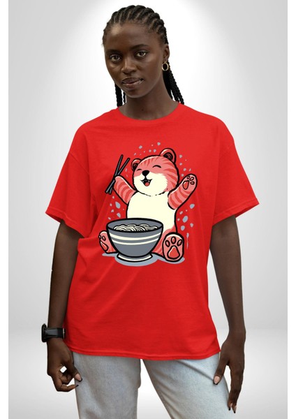 Noodle Yiyen Tatlı Kaplan Kadın Erkek Ön Baskılı Kırmızı Pamuklu Tişört Penye Klasik fiyatları